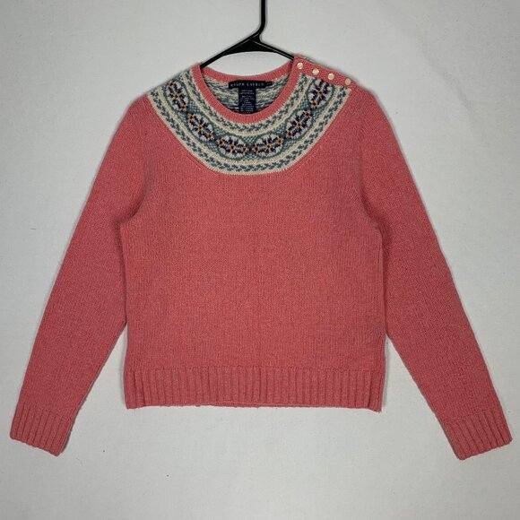 Ralph Lauren Fair Isle Lambs Wool Cashmere Pink Sweater Women's Large - Picture 1 of 10